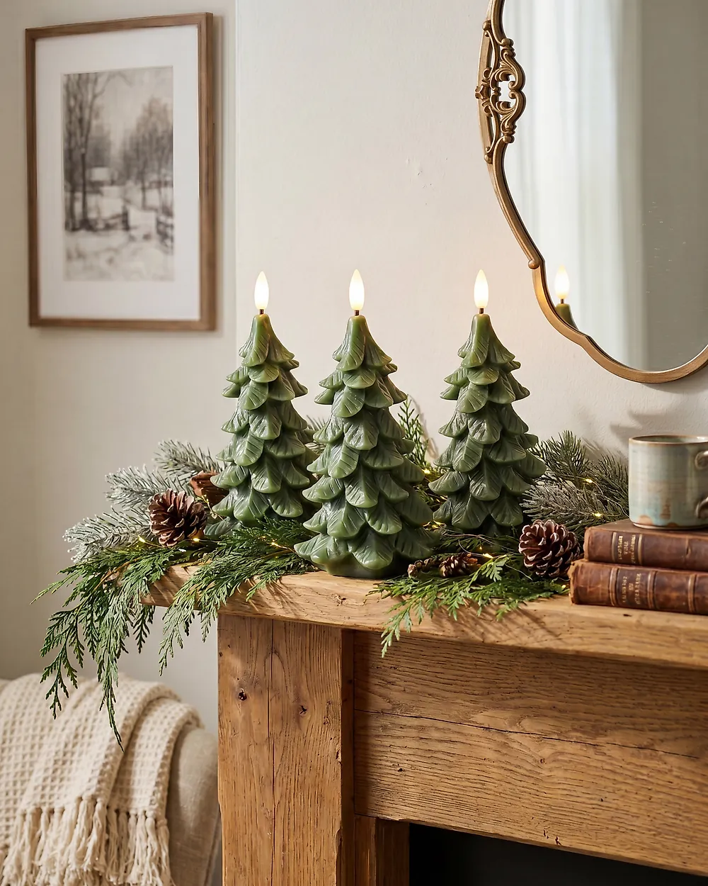LED Kerzen 3er Set VELOURA 16 cm Weihnachtsbaum Grün
