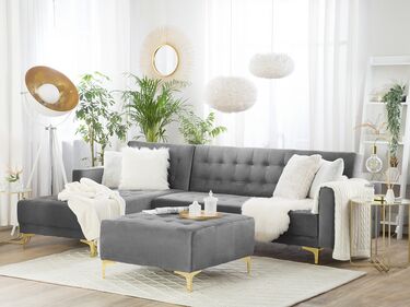 Right Hand Velvet Corner Sofa with Ottoman Grey ABERDEEN