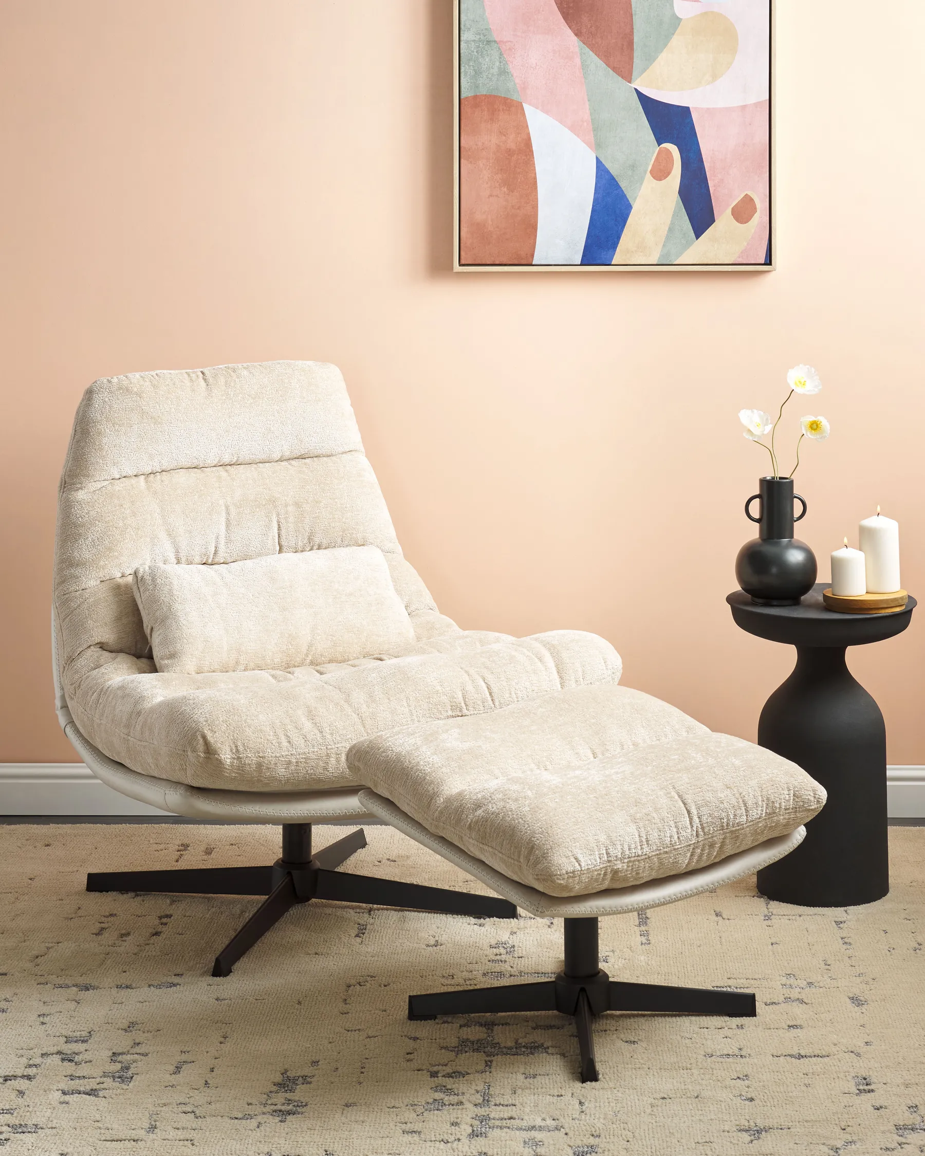 Swivel Armchair TOVIK with Footstool Chenille Light Beige_923358