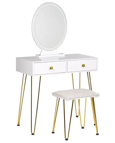Poundex Bobkona Cailyn F4148 Set Da Trucco Con Specchio E Sgabello - Bianco, Tavolo Ampio E Cassetti Per Accessori