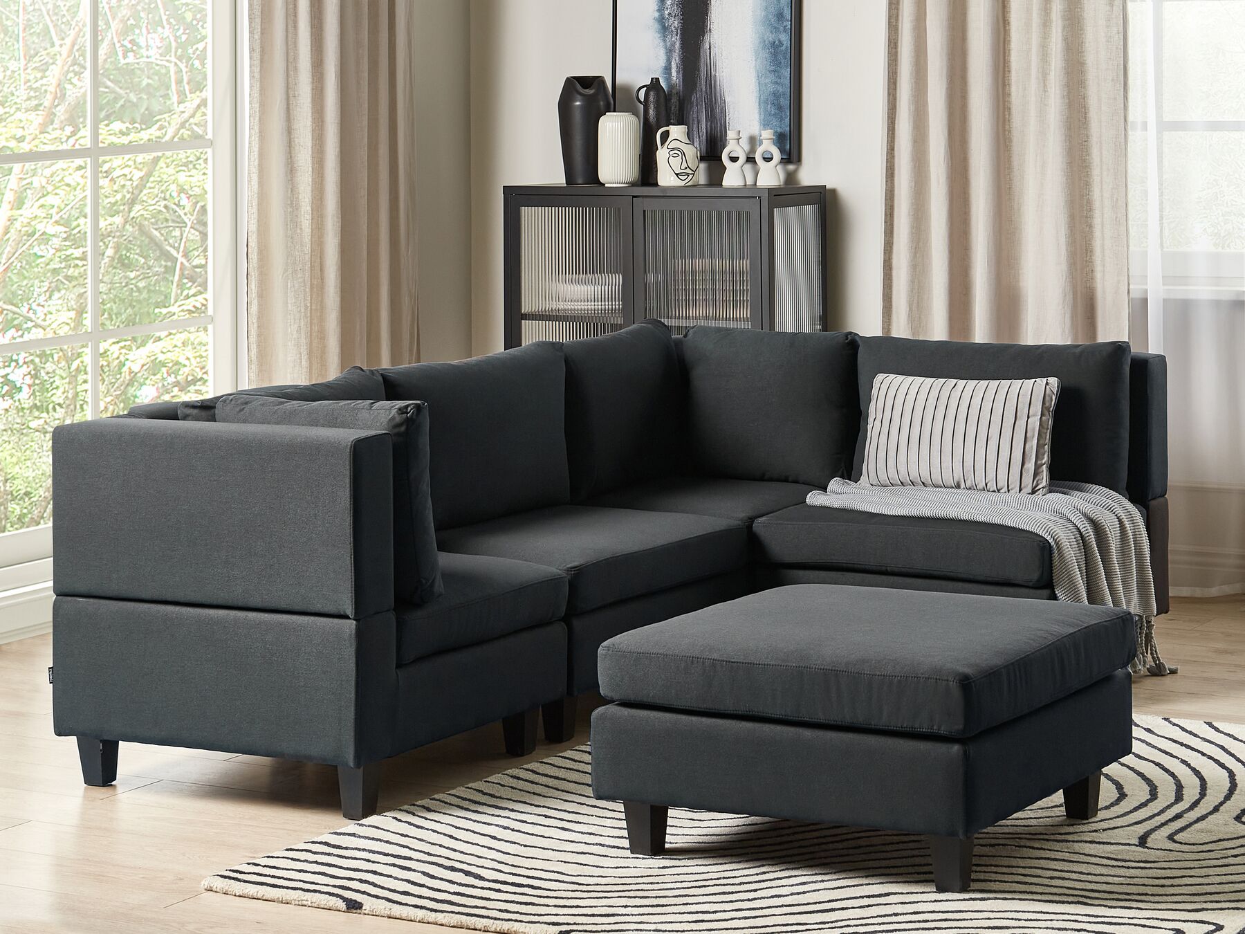 4 Seater Left Hand Modular Fabric Corner Sofa with Ottoman Black UNSTAD_924755