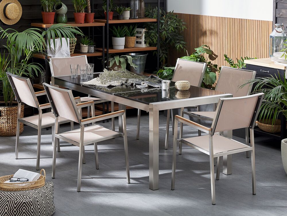 6 Seater Garden Dining Set Black Granite Triple Plate Top with Beige Chairs GROSSETO Beliani