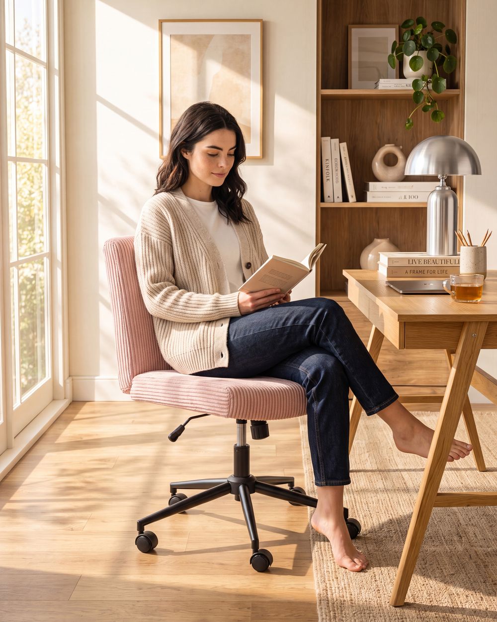 Cadeira home office GEDDES Bombazine Rosa pastel