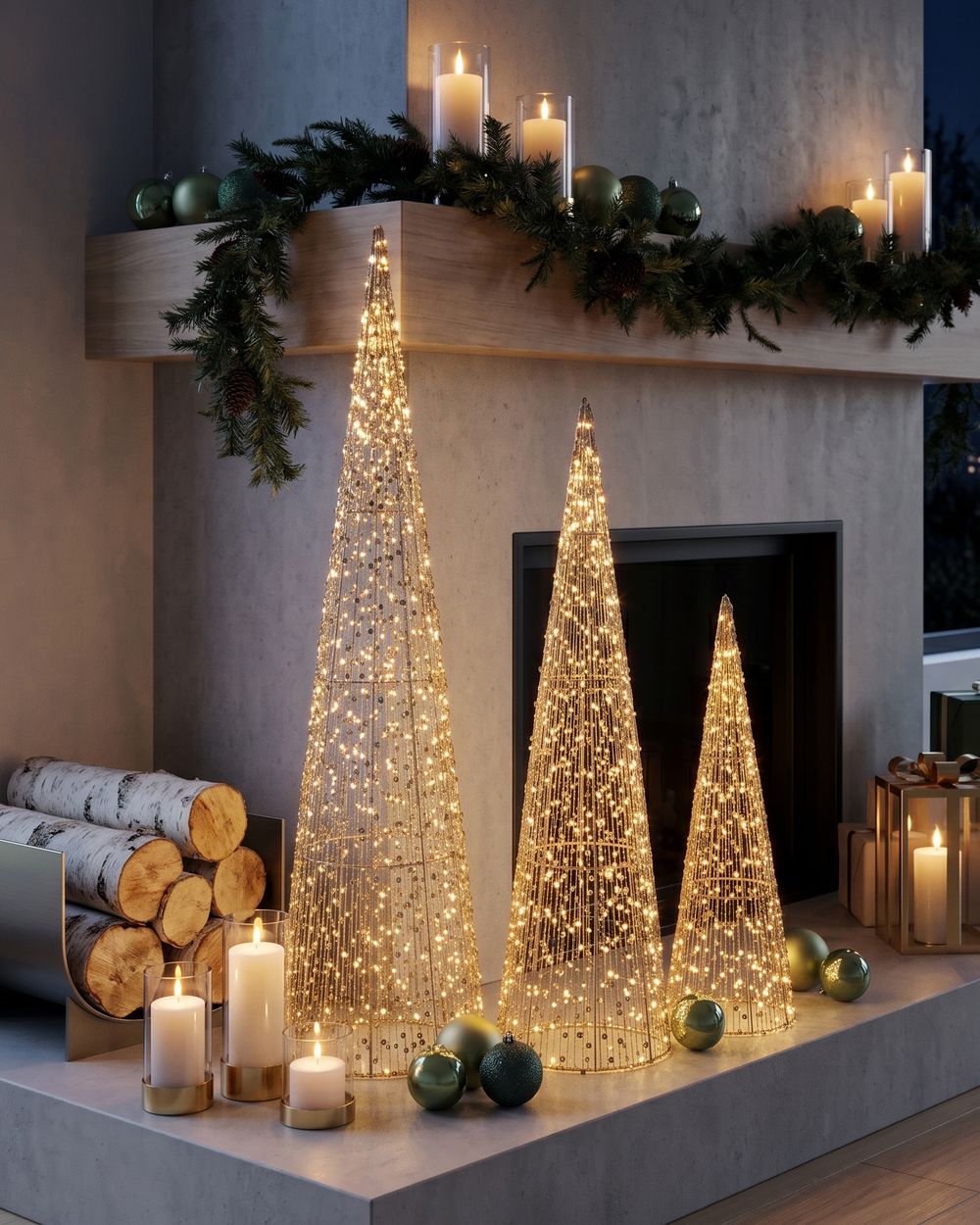 Lot de 3 décorations de Noël LED VEJLESO 40/60/80 cm Arbre de Noël Doré