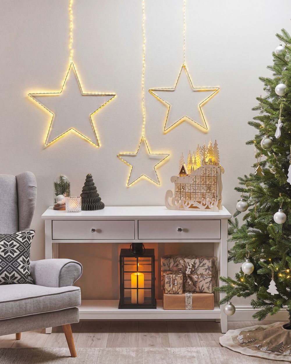 Set of 3 Hanging Decorations LED KUNNARI 50/40/30 cm Star Silver