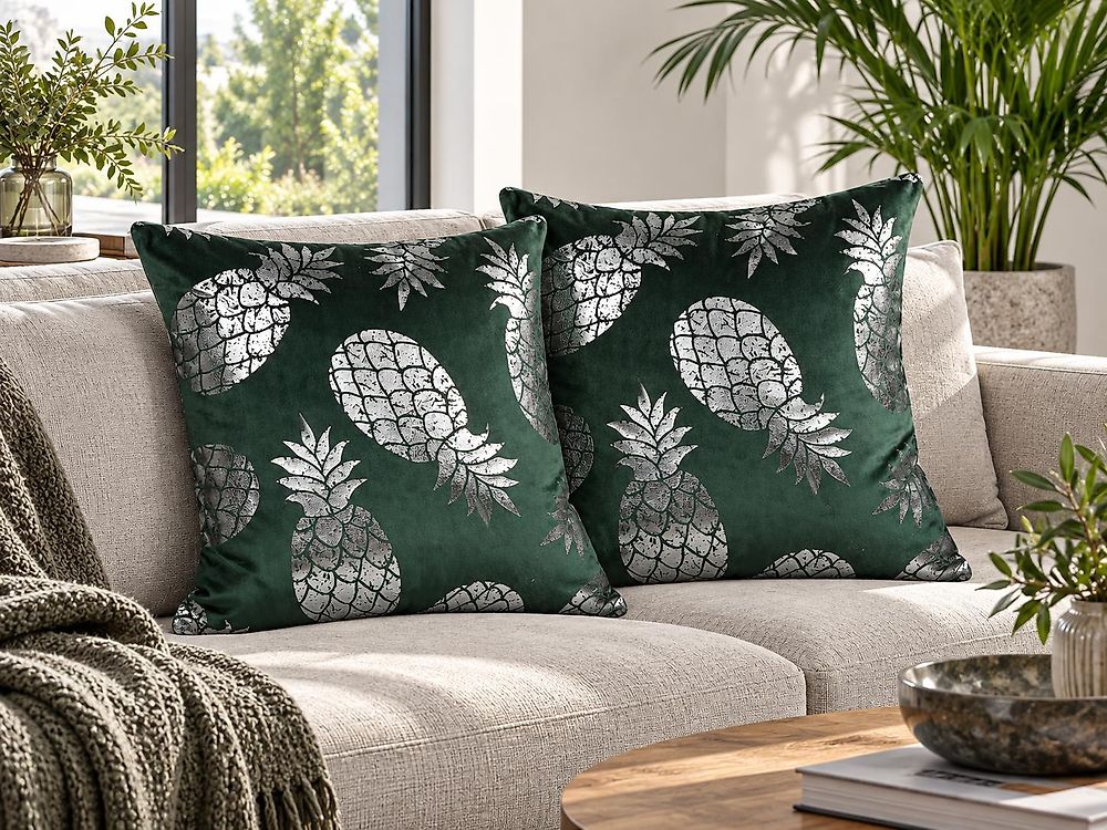 Dekokissen 2er Set ASTILBE 45 x 45 cm Samtstoff Dunkelgrün Pflanzenmuster