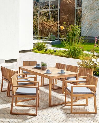 Set of 8 Certified Acacia Wood Garden Dining Chairs with Grey Cushions SASSARI II