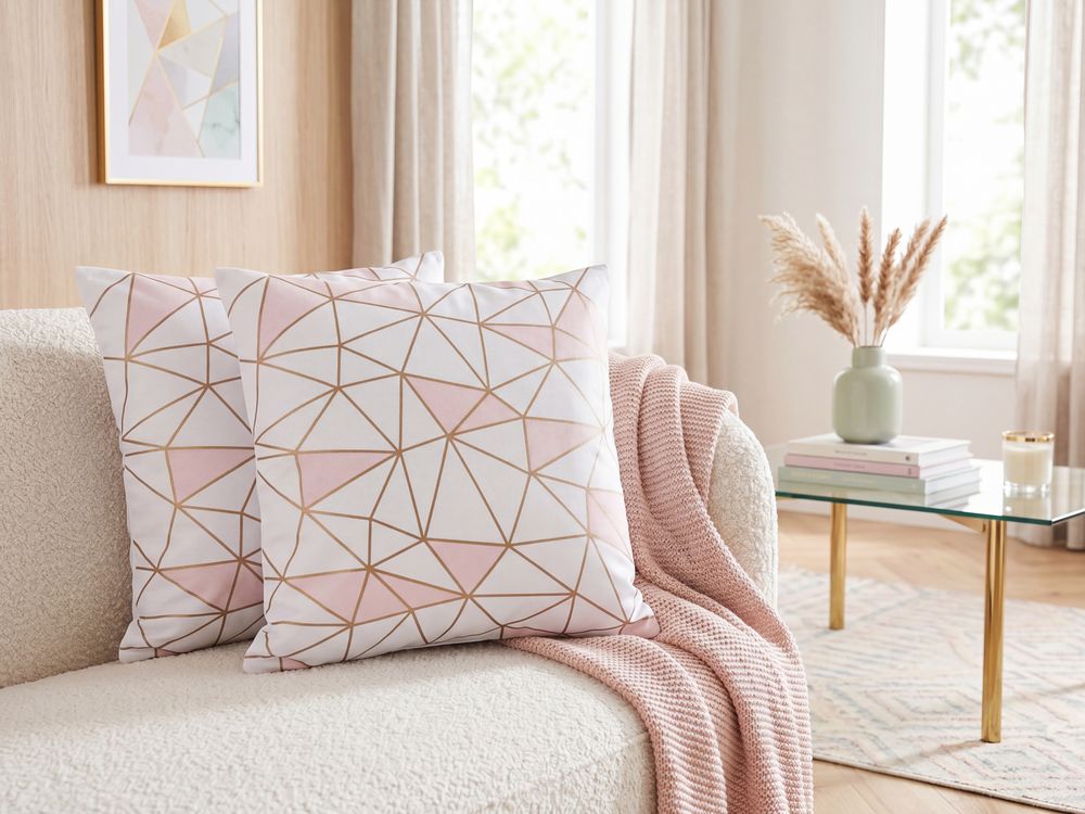 Conjunto de 2 cojines decorativos CLARKIA 45 x 45 cm Algodón Rosa Patrón geométrico