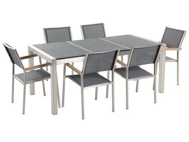 Conjunto de jardín mesa con tablero de piedra natural de 180 cm, 6 sillas grises GROSSETO 