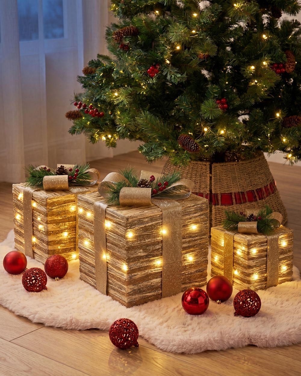 Lot de 3 décorations de Noël LED TOFTE 20/25/30 cm Cadeaux de Noël Doré