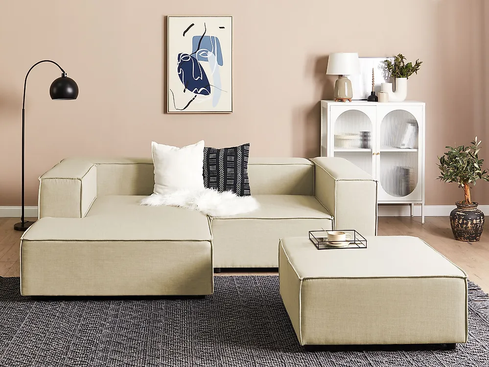 Modul Ecksofa APRICA mit Ottomane Kunstleinen Beige rechtsseitig_1173599