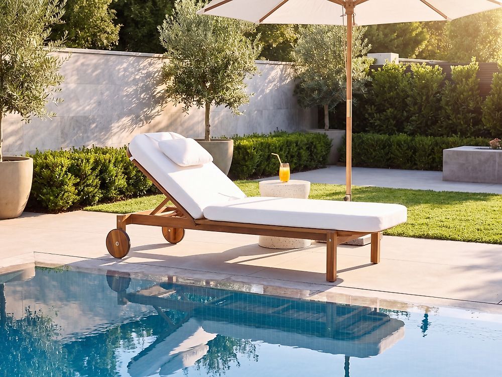 Sun Lounger with Cushion LATERZA  Reclining Certified Acacia Wood White