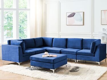 Right Hand 6 Seater Modular Velvet Corner Sofa with Ottoman Blue EVJA