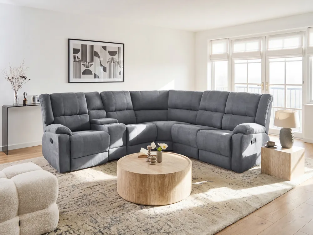 Manual Recliner Corner Sofa 5 Seater ROKKE Fabric Grey Left Hand