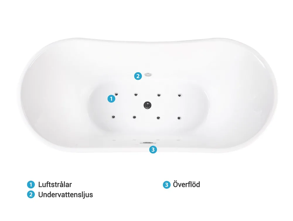 Fristående bubbelbadkar med LED ANTIGUA 1680 x 800 mm Vit_808425