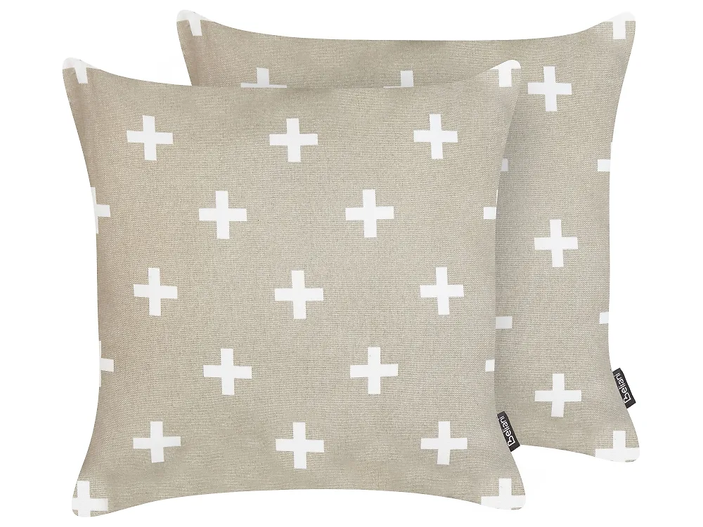 Set of 2 Decorative Cushions VELLEIA 45 x 45 cm Cotton Taupe Geometric Pattern_1183944