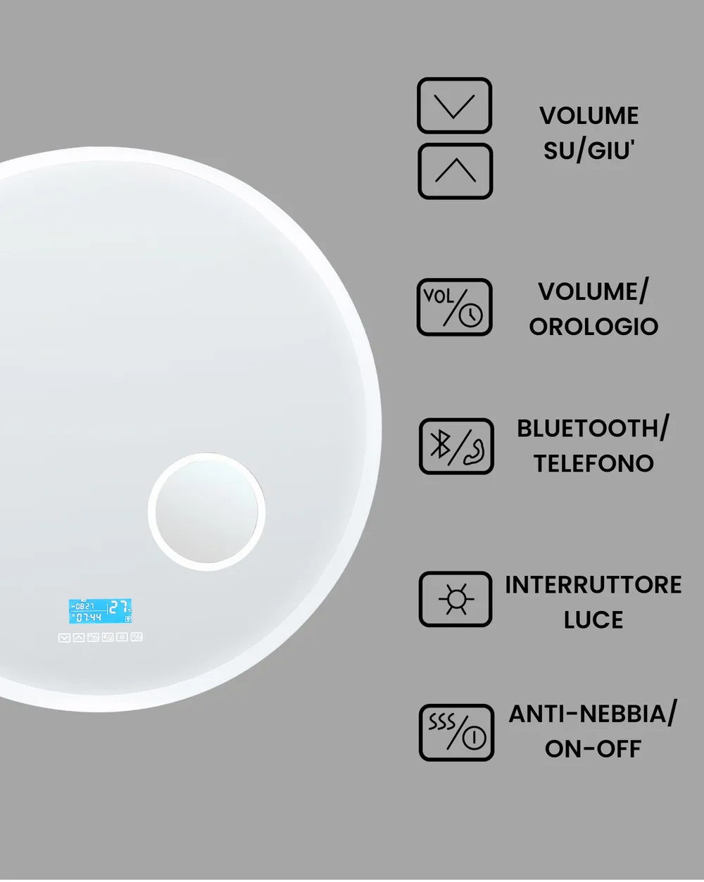 Specchio da bagno con luce LED FIXIN 80 cm 80 cm con altoparlante Bluetooth integrato Argento_940618