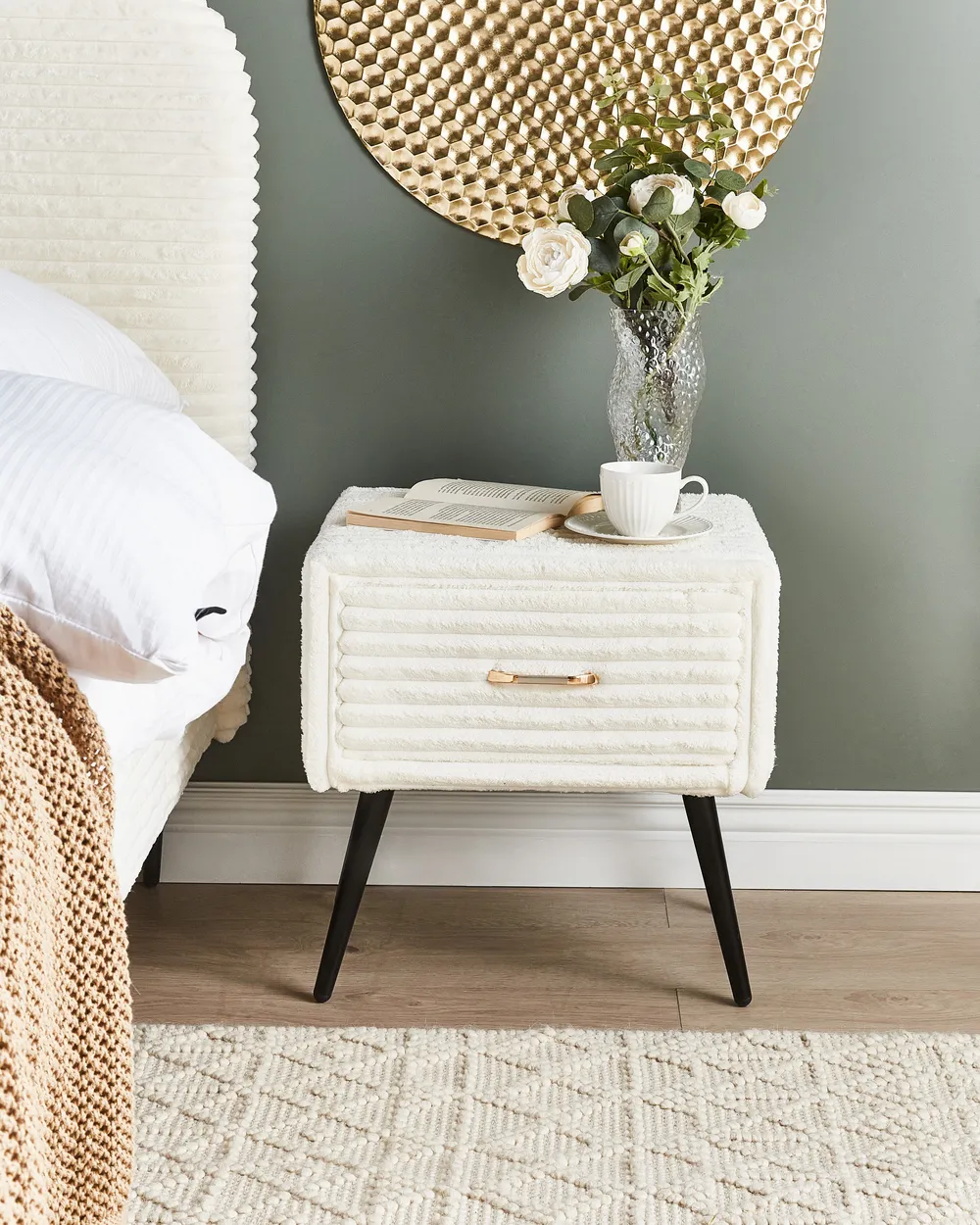 1 Drawer Bedside Table FLAYAT Corduroy Off-White_968048