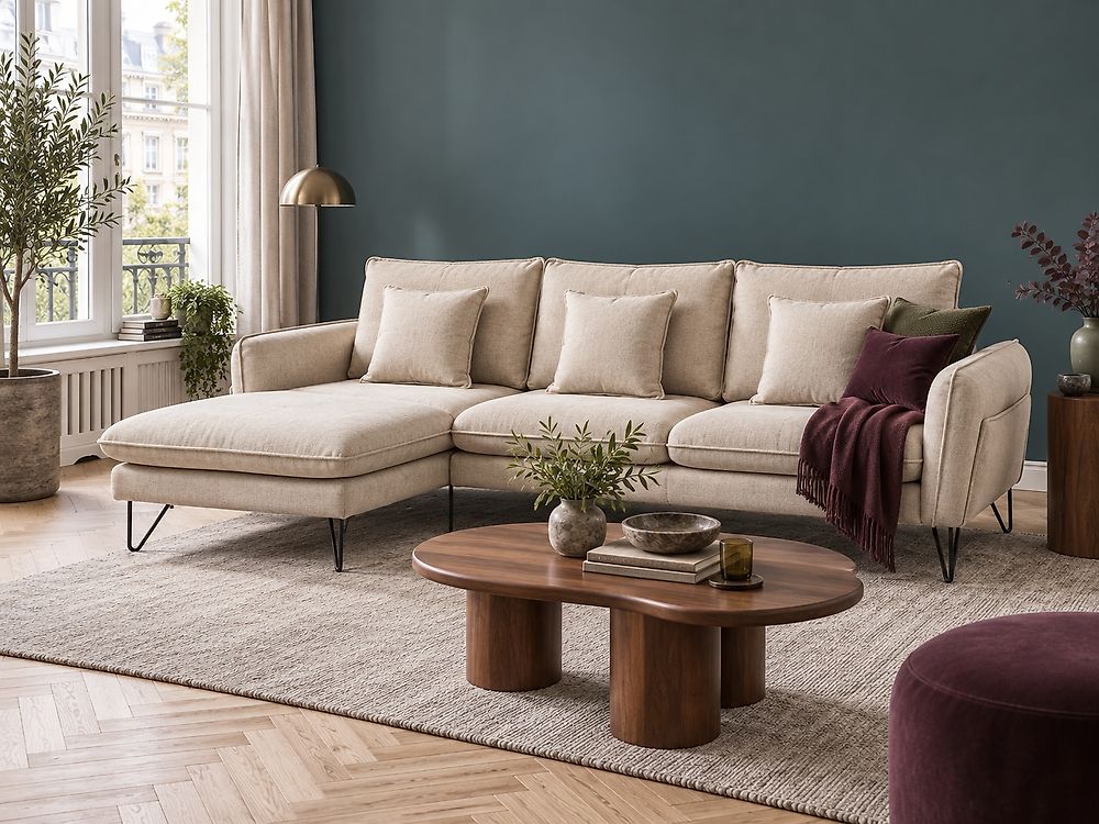 Ecksofa SERSAN Chenillegewebe Beige rechtsseitig