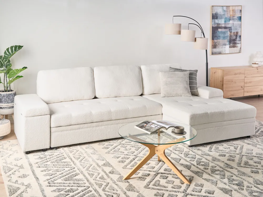 Divano letto angolare posti HRISEY Bouclé Bianco con contenitore