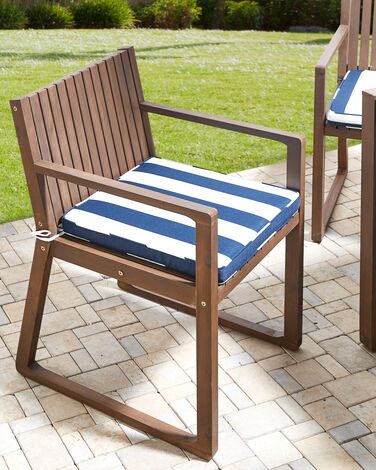 Set of 8 Dark Acacia Wood Garden Dining Chairs with Navy Blue and White Cushions SASSARI