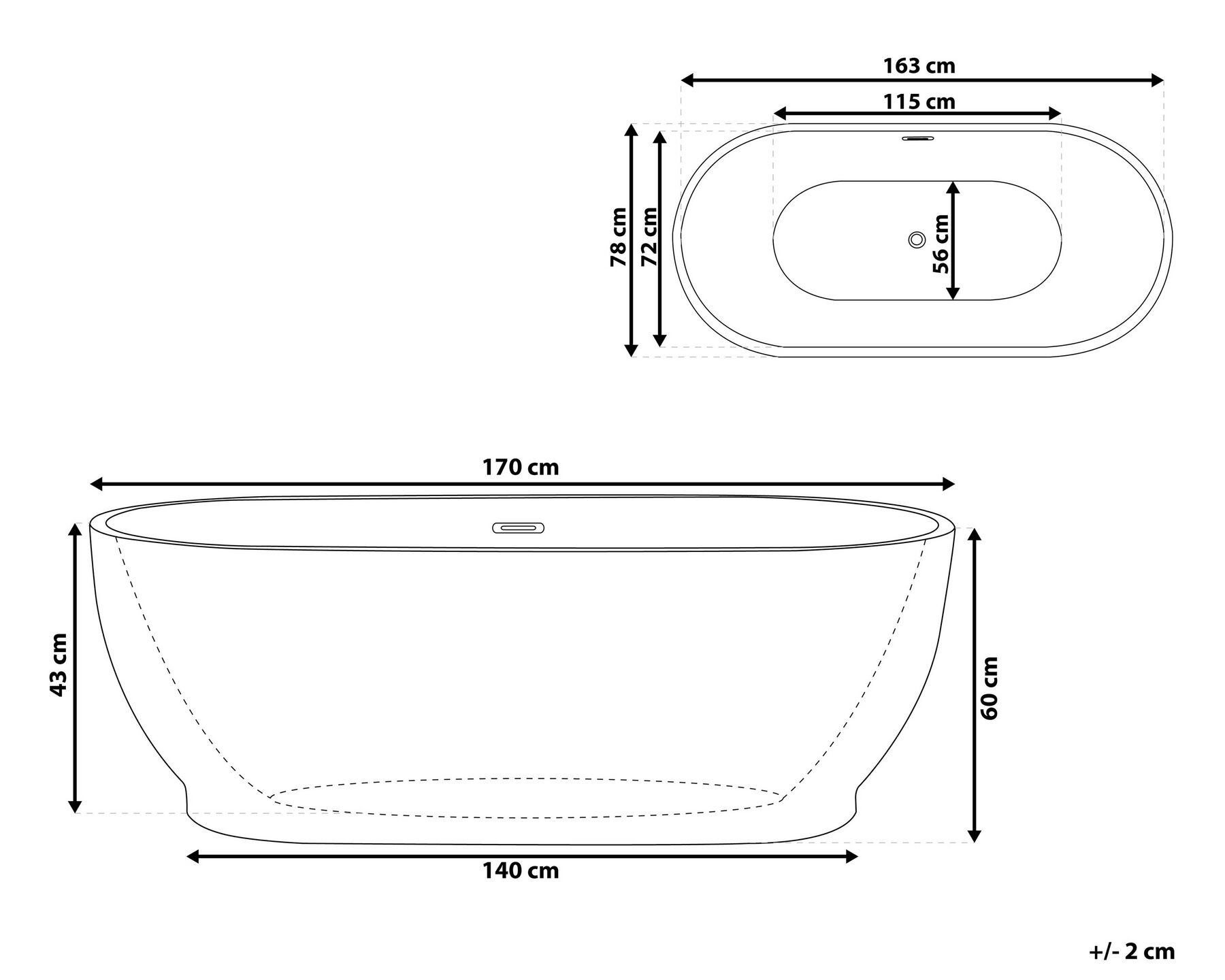Vasca da bagno freestanding LEVERA 170 x 78 cm Bianco_765340