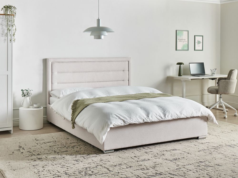 Ottoman Bed ROUEN Fabric Light Beige 160 x 200 cm (EU King Size)