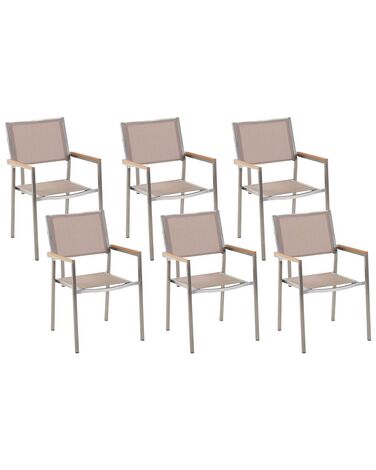 Conjunto de 6 sillas de jardín de poliéster/acero beige arena/plateado/madera clara GROSSETO