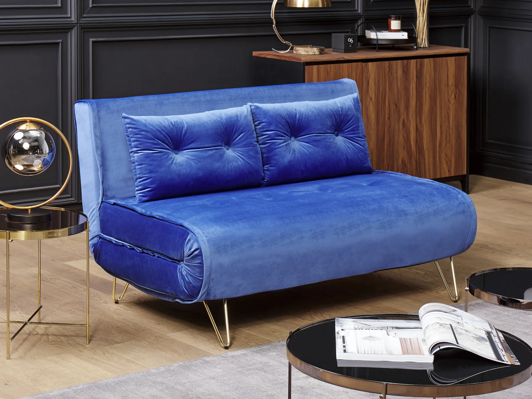 Sofa Bed 2 Seater VESTFOLD Velvet Navy Blue_808691