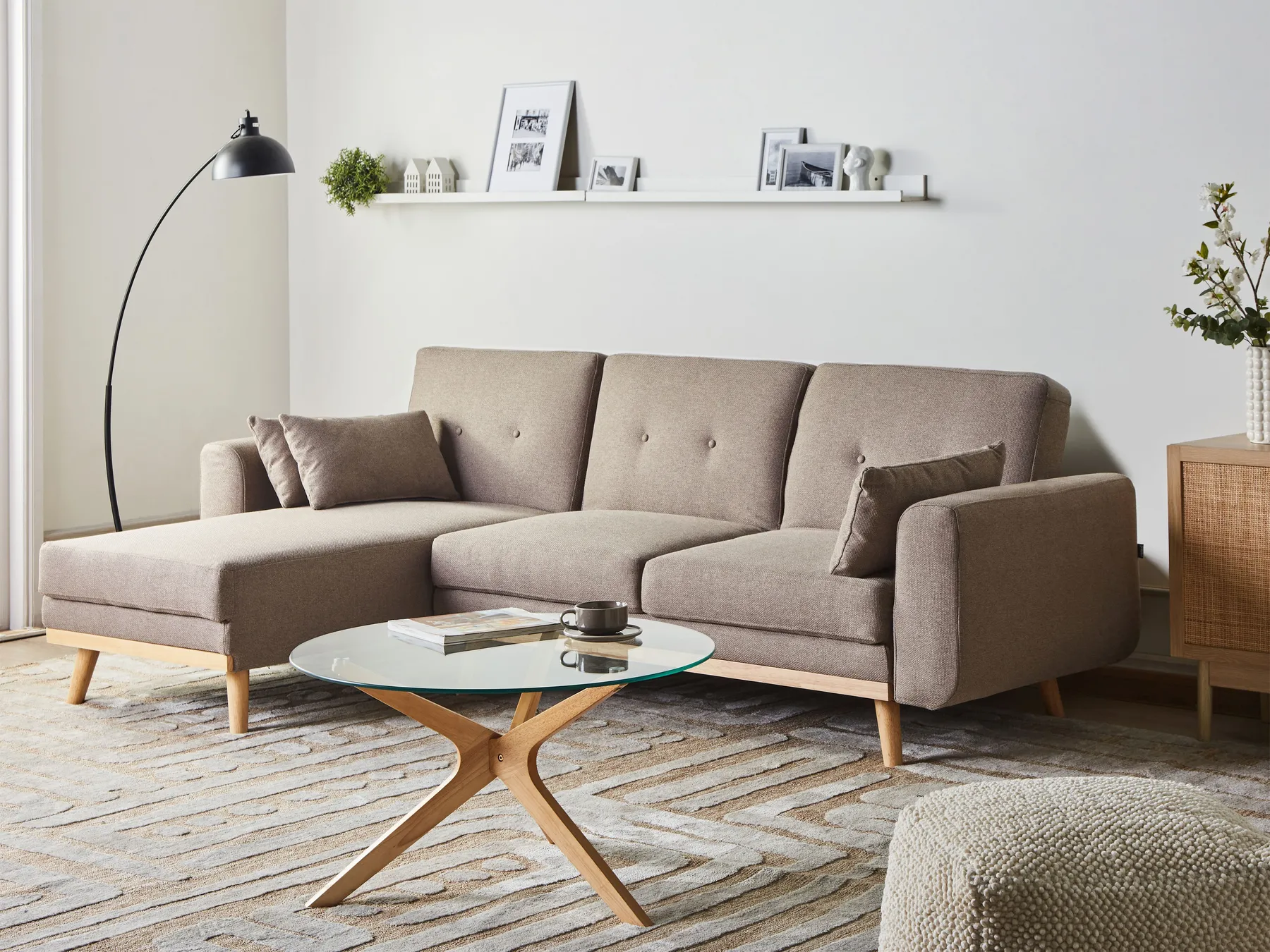 Corner Sofa Bed 3 Seater KAARINA Fabric Light Brown Right Hand_1100026