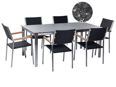 6 Seater Garden Dining Set Black Granite Effect Glass Top with PE Rattan Black Chairs COSOLETO/GROSSETO