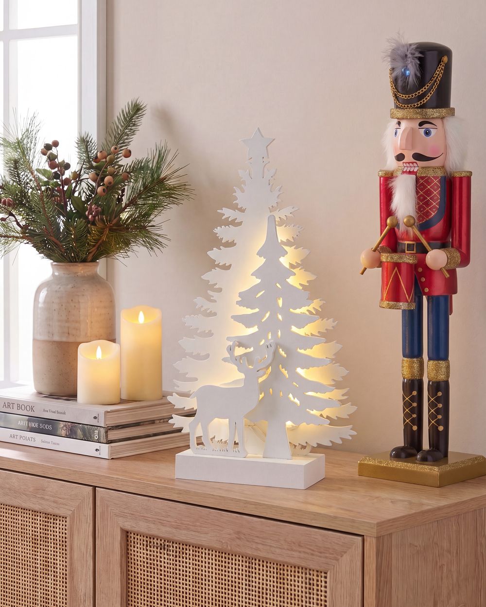 Decoración de Navidad LED FEMAN 36 cm Reno Árbol de Navidad Blanco