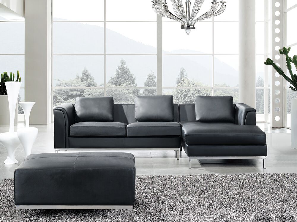 Ecksofa 4-Sitzer OSLO mit Ottomane Echtleder Schwarz linksseitig