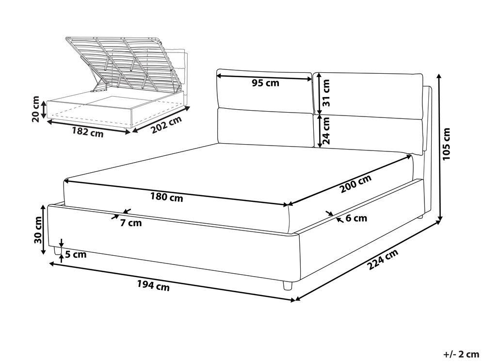 Struttura Letto Matrimoniale 180x200cm In Metallo - Rete Con Contenitore E Piedi 25cm, Montaggio Facile