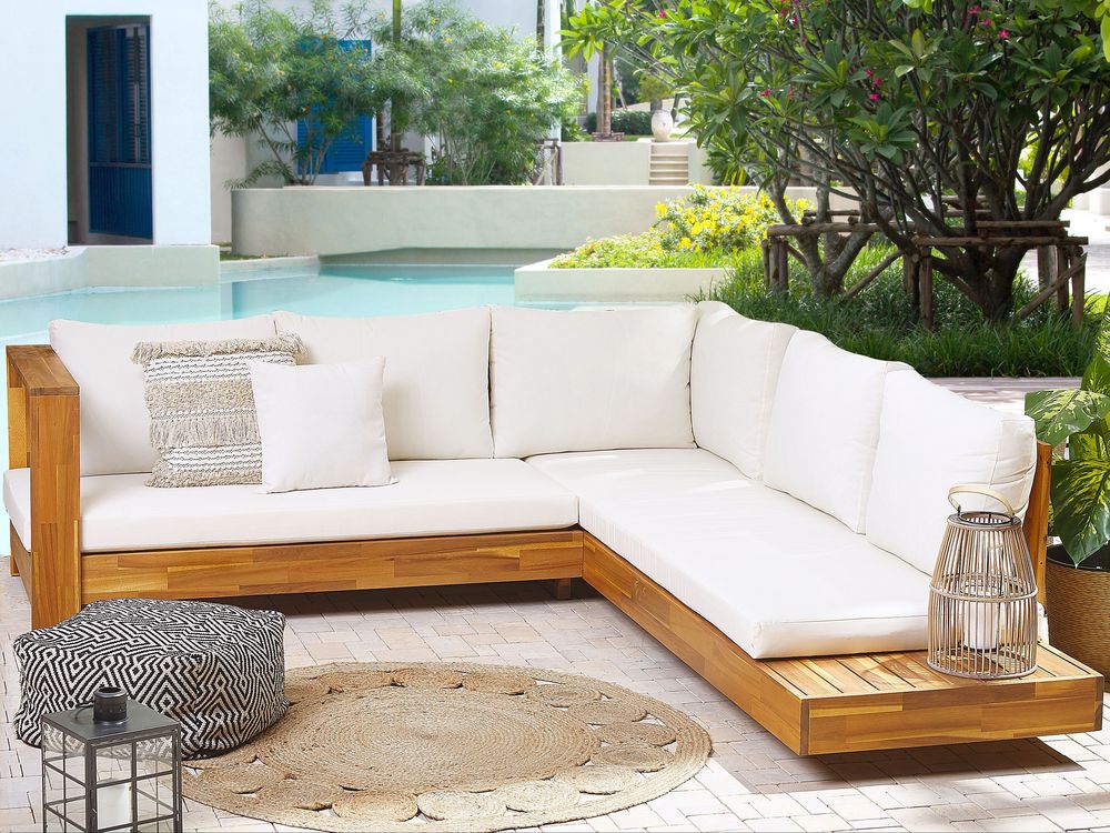 Garden Corner Sofa 5 Seater MARETTIMO Certified Acacia Wood Off-White Right Hand
