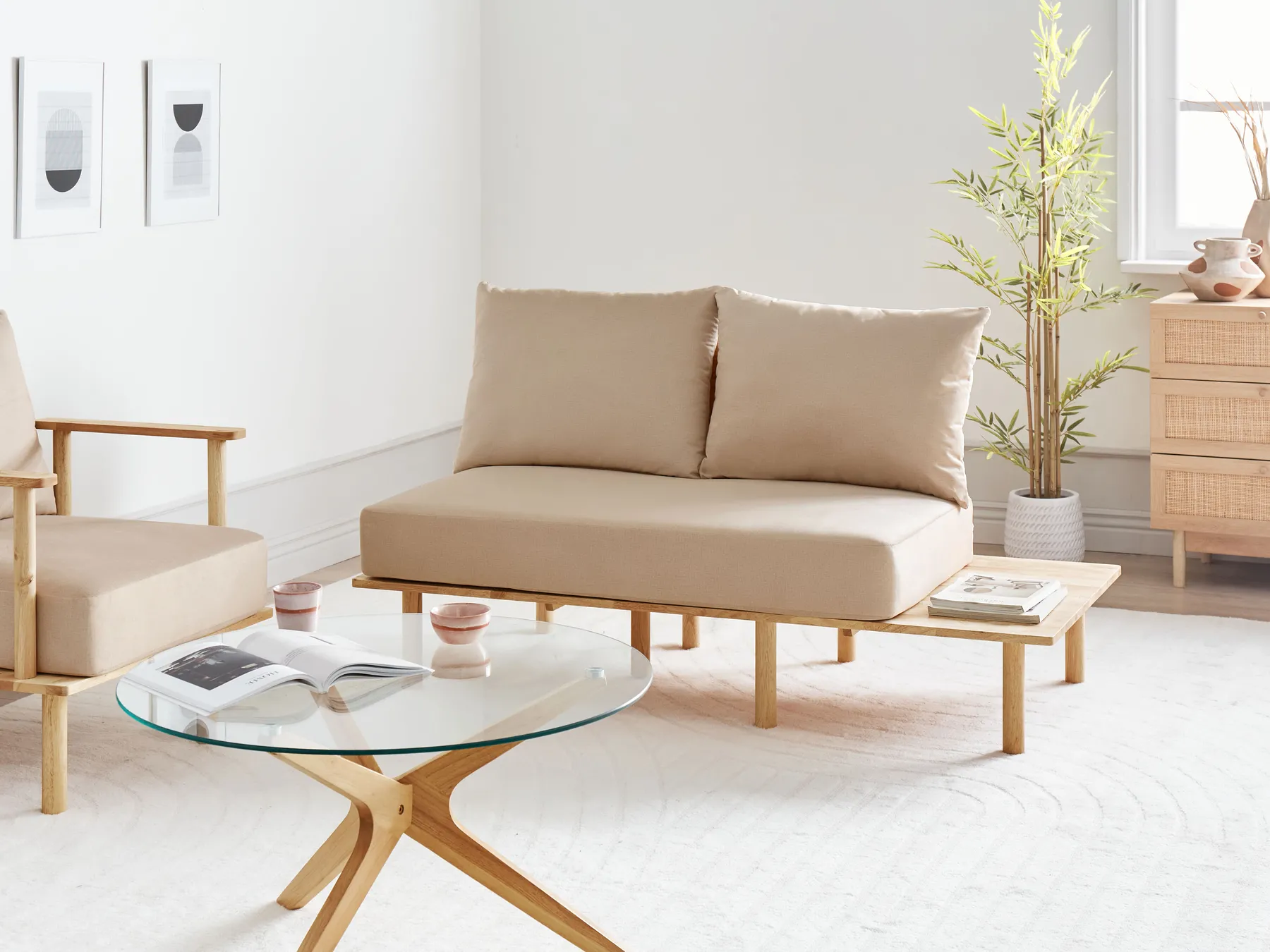 Divano 2 posti SALO con tavoli Tessuto Beige_932610