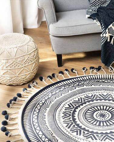 Round Cotton Area Rug with Tassels ø 120 cm Cream and Navy Blue TATVAN