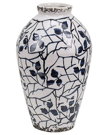 Stoneware Flower Vase 22 cm White with Navy Blue MALLIA