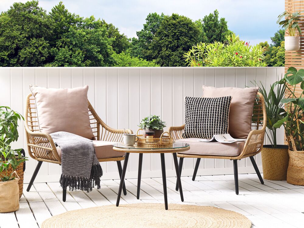 PE Rattan Bistro Set Natural with Beige LAURETO Beliani