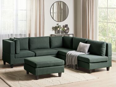 5 Seater Right Hand Modular Fabric Corner Sofa with Ottoman Dark Green UNSTAD