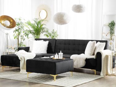 Right Hand Velvet Corner Sofa with Ottoman Black ABERDEEN