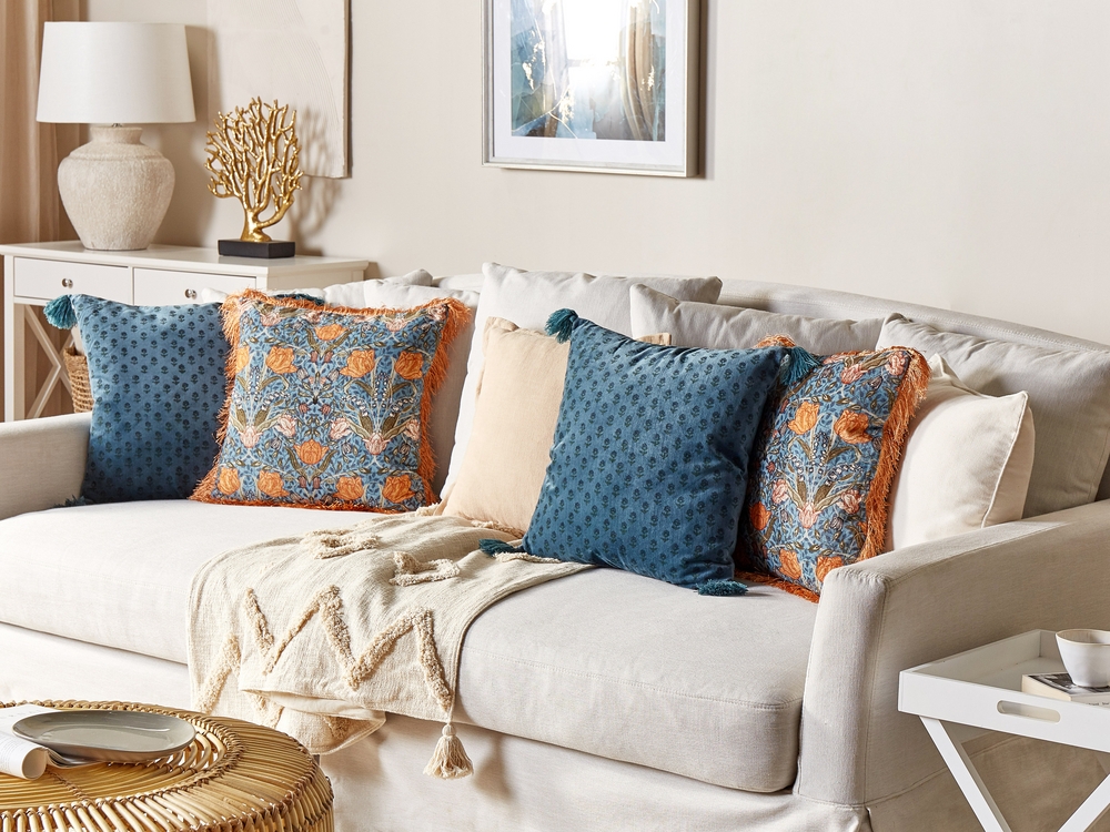 Velvet Cushion Floral Motif with Tassels 45 x 45 cm Dark Blue RIBES Beliani
