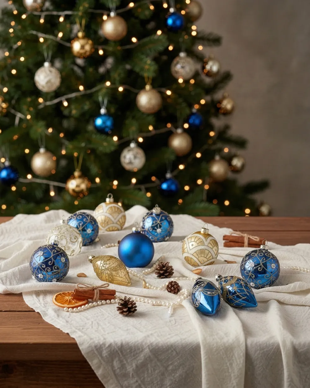 Set of 35 Baubles ICEDROP Glass Blue/ Gold