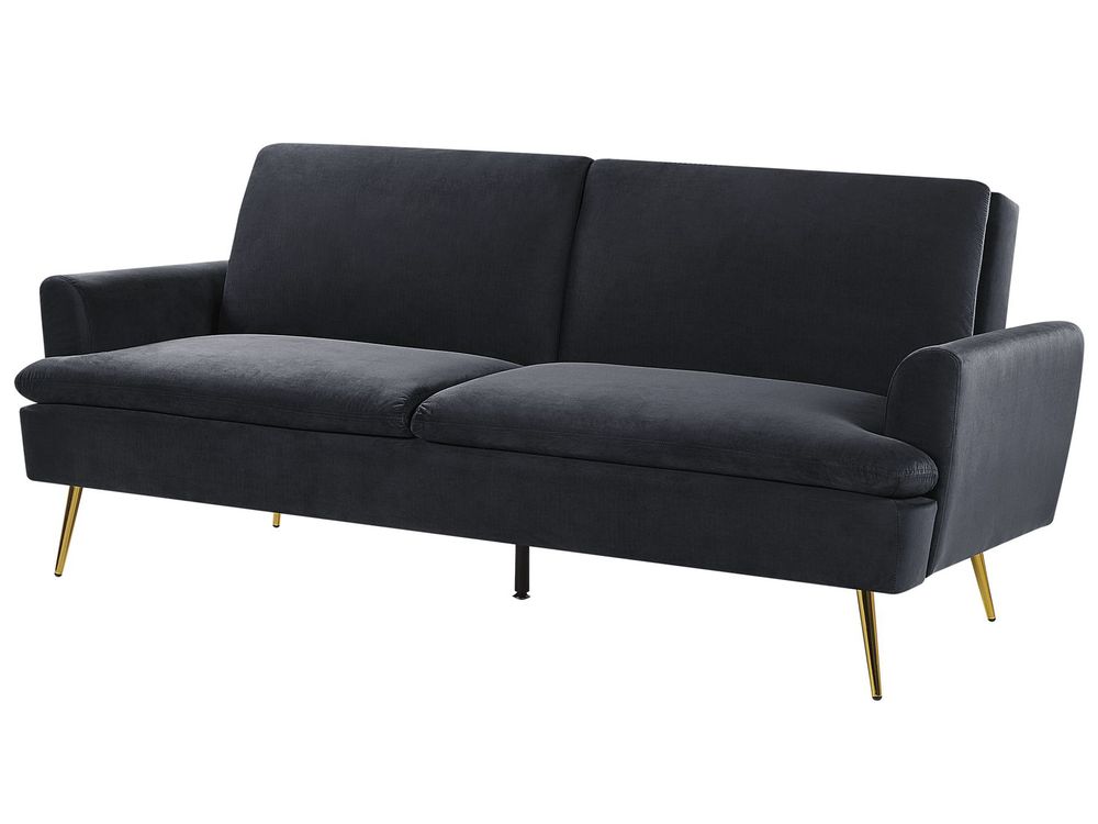 Black velvet sofa with gold legs discount