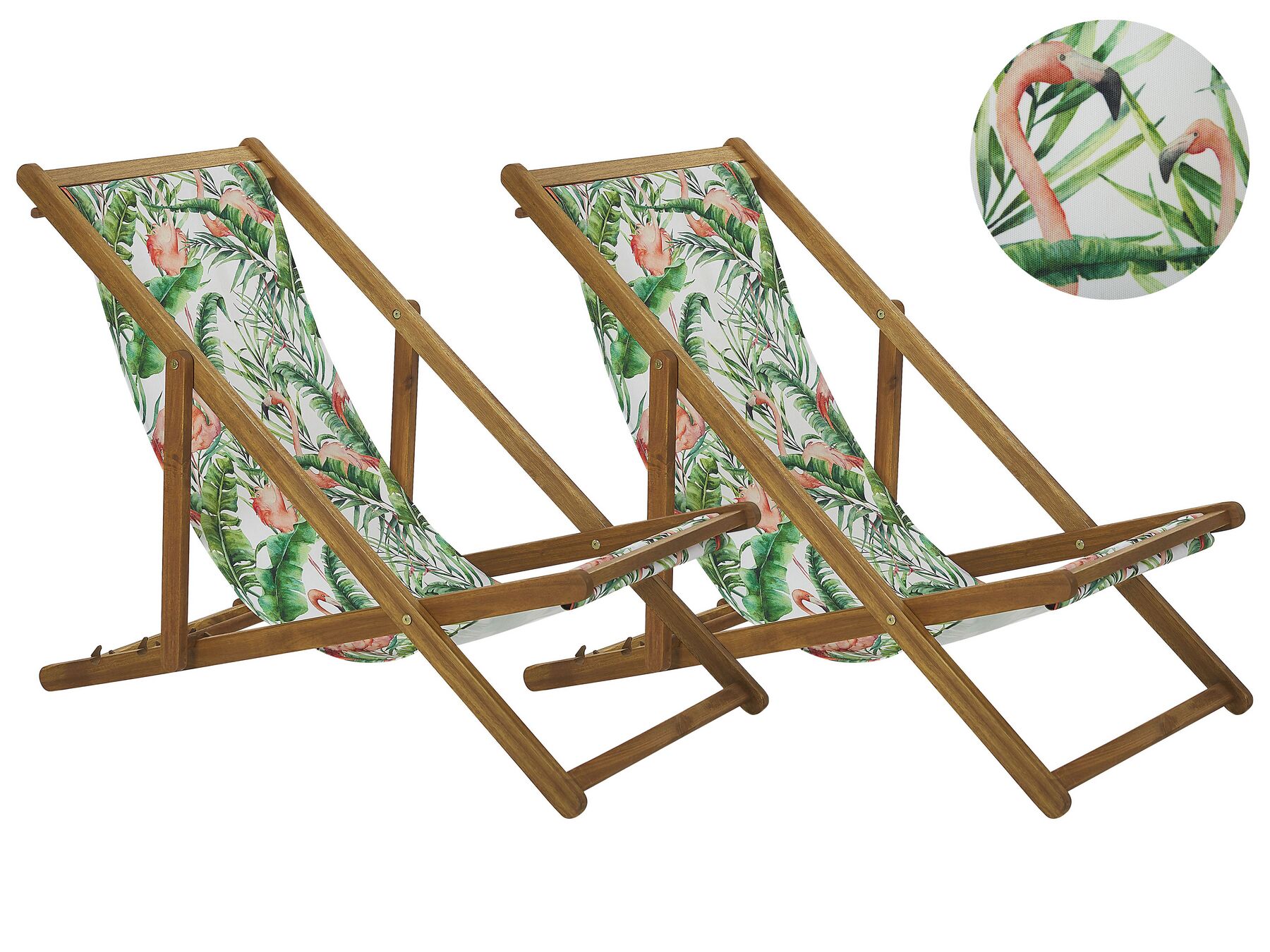 Set med 2 hopfällbara solstolar i akaciaträ och 2 ersättningstyger ljust trä/off-white flamingomönster ANZIO_800438