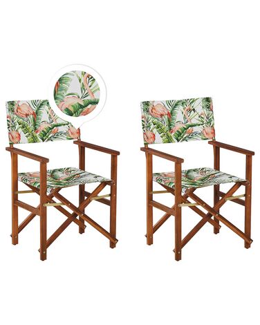 Set of 2 Acacia Folding Chairs and 2 Replacement Fabrics Dark Wood with Grey / Flamingo Pattern CINE