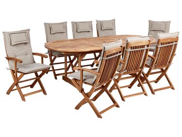 8 Seater Acacia Wood Garden Dining Set Taupe Cushions MAUI II