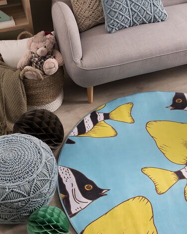 Round Area Rug Fish Print ⌀ 140 cm Blue FIZME