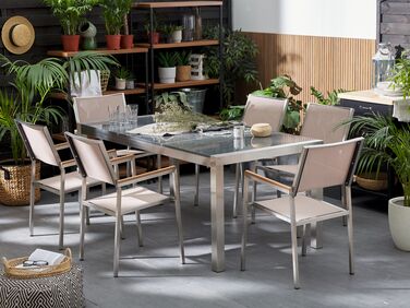 6 Seater Garden Dining Set Grey Granite Triple Plate Top with Beige Chairs GROSSETO