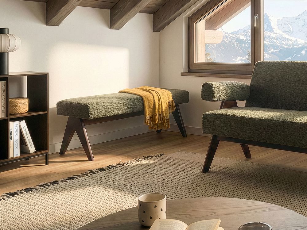 Upholstered Bench TAMRE Boucle Green/ Dark Brown